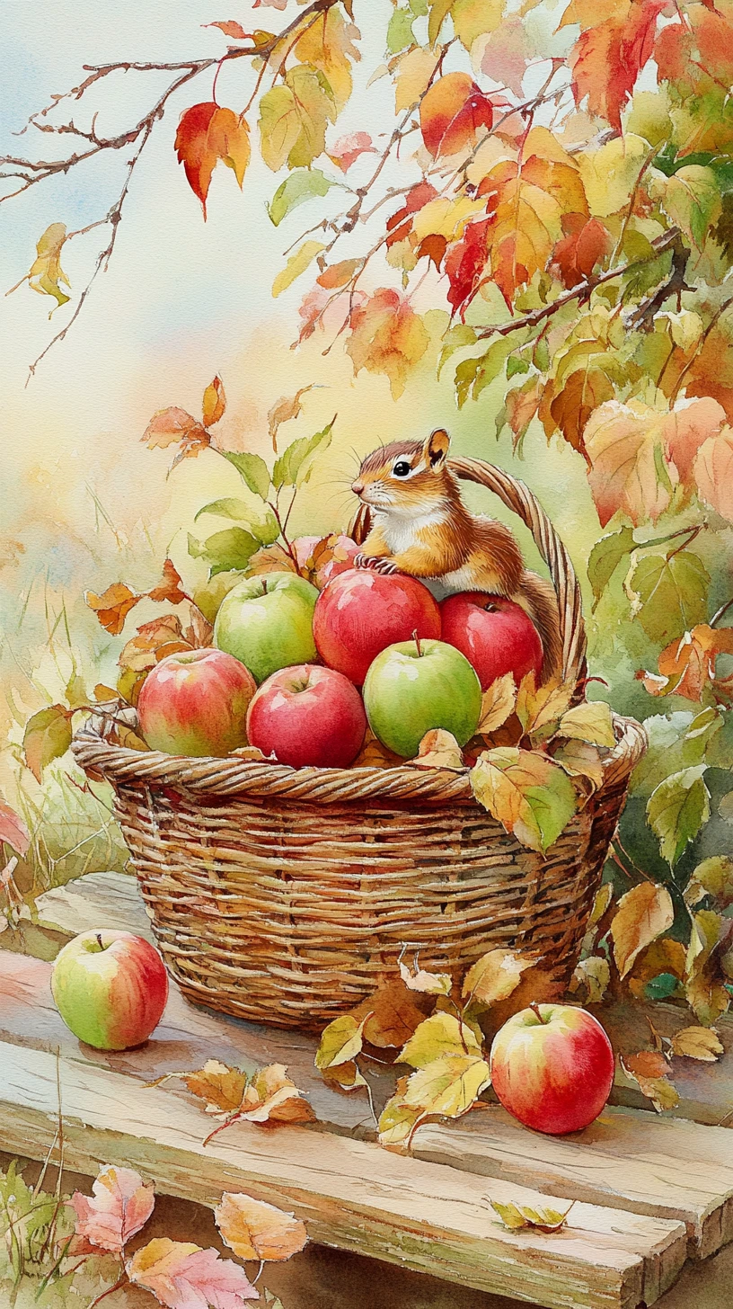 Chipmunk on apples in a wicker basket on meadow table