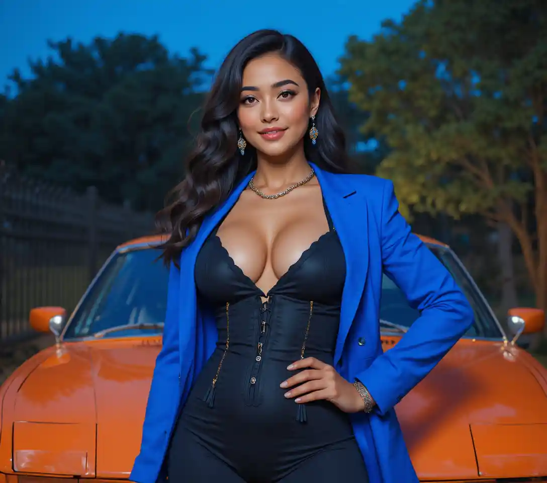 Confident woman in black jumpsuit by orange car at night