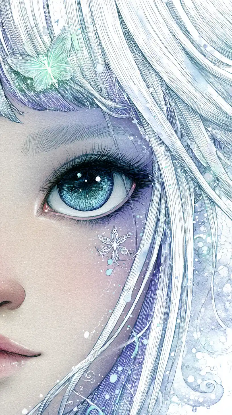 Ethereal close up portrait of a icy eyed winter girl