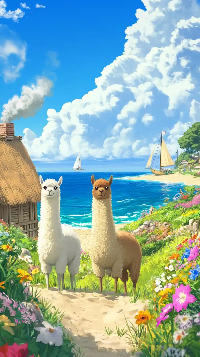 Three alpacas by a coastal beach house in summer