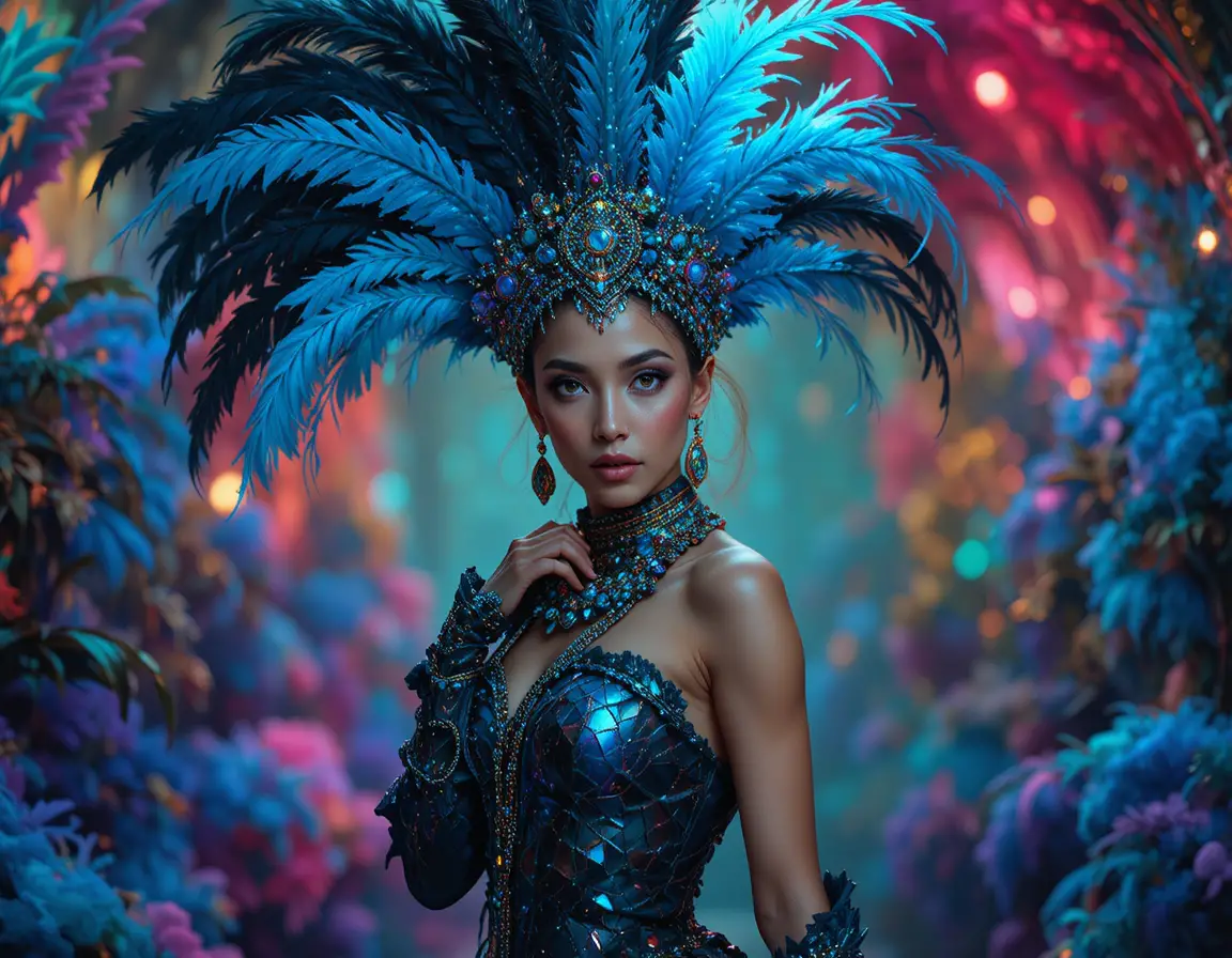 Donna sicura di sé in costume di carnevale con piume e illuminazione vivida
