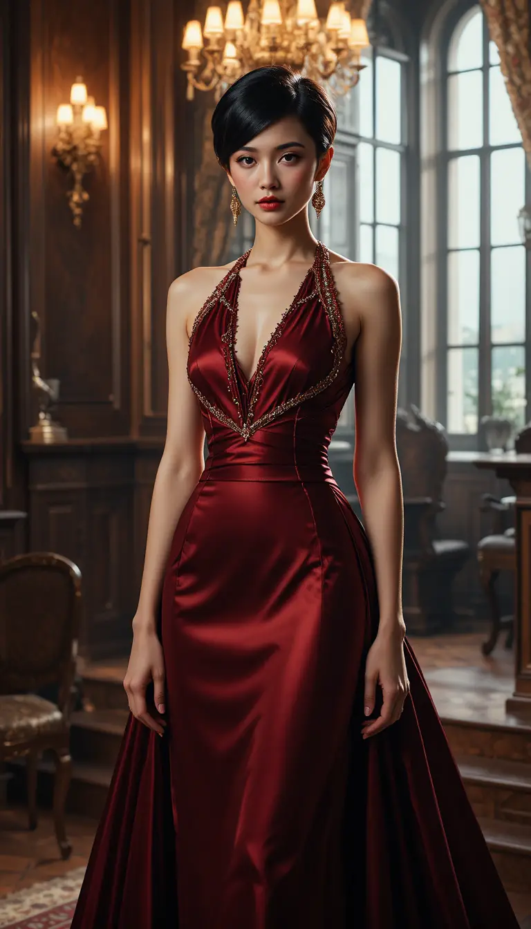 Cinematic portrait of a woman in a crimson silk gown
