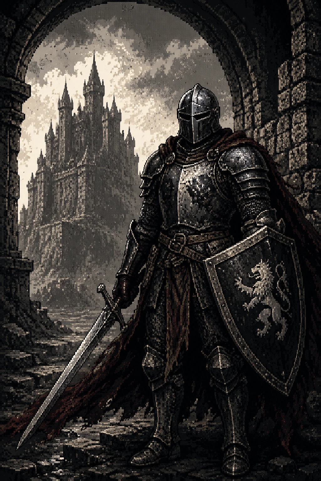 High contrast pixel art scene in a cinematic medium shot