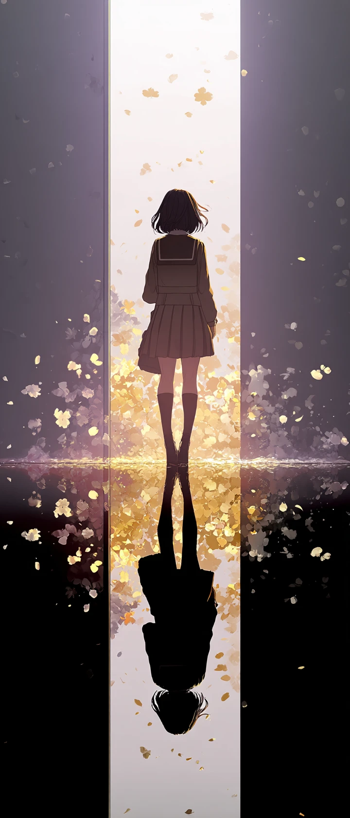 Chica de anime dividida entre un pasado monocromático y un futuro colorido