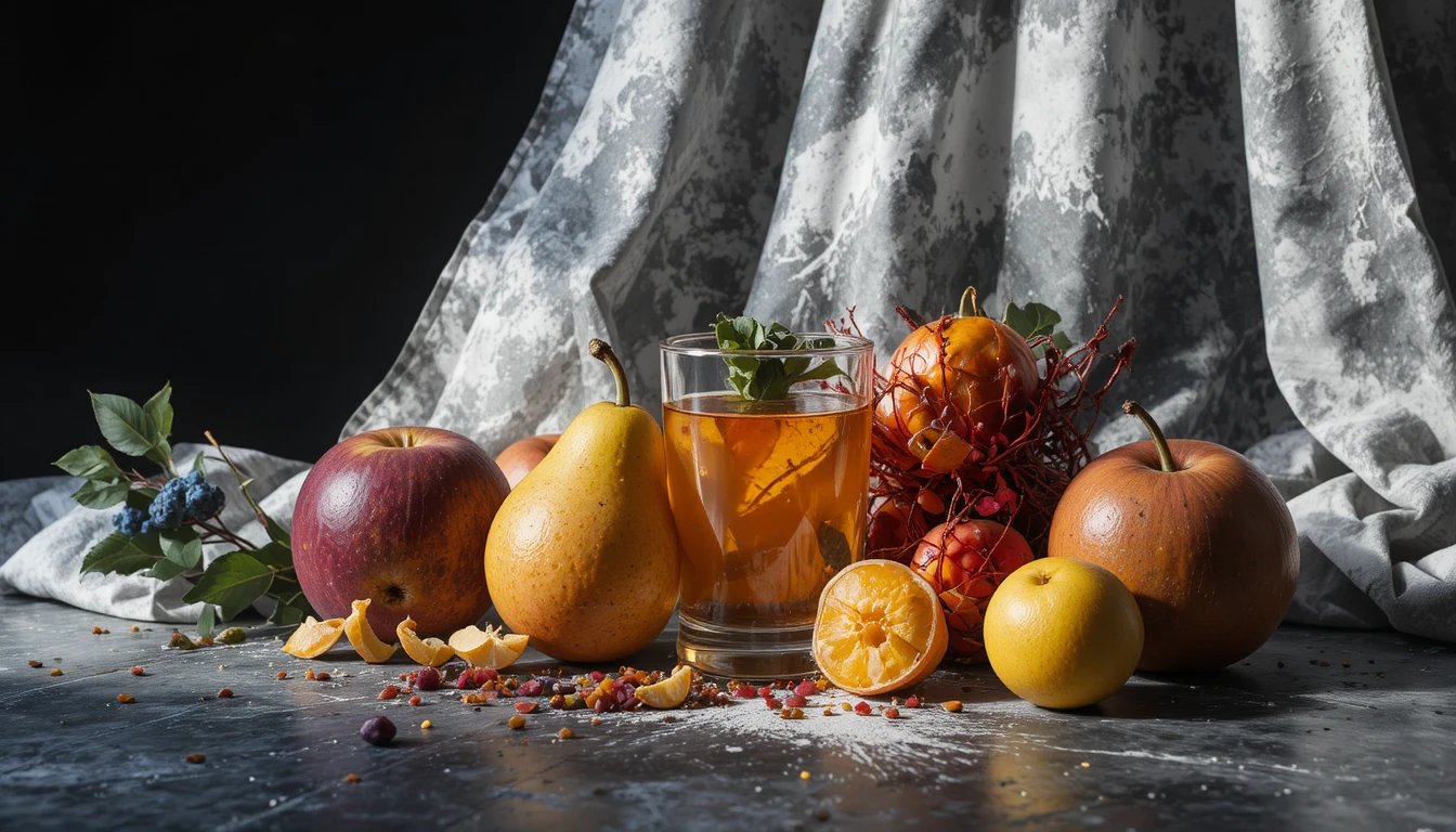 Dramatic still life of fruit glass and draped fabric