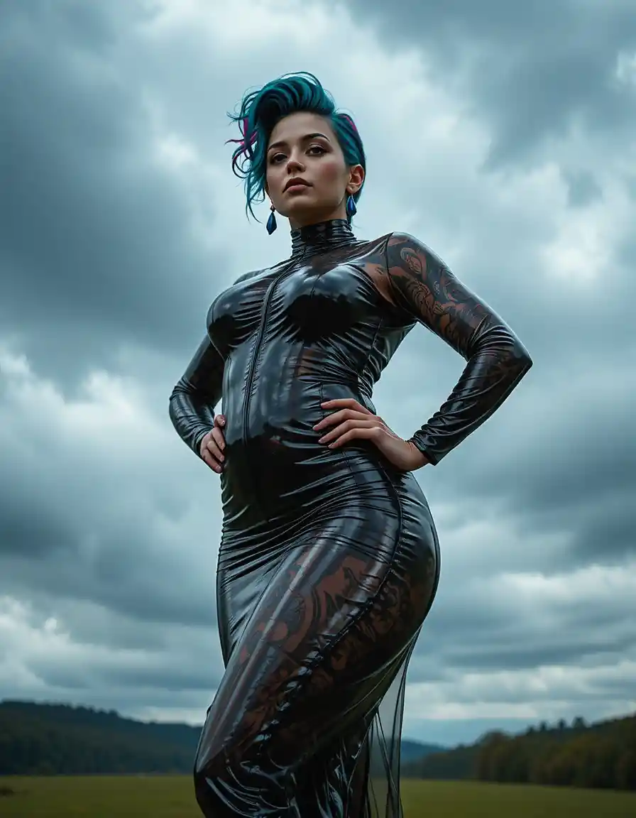 Curvy tattooed woman in latex dress under stormy sky