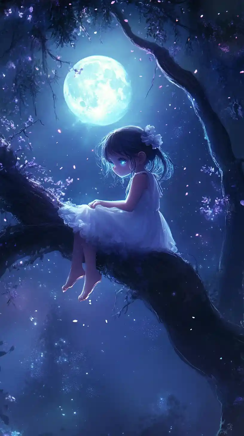 Ghostly cerulean girl on a moonlit haunted tree branch