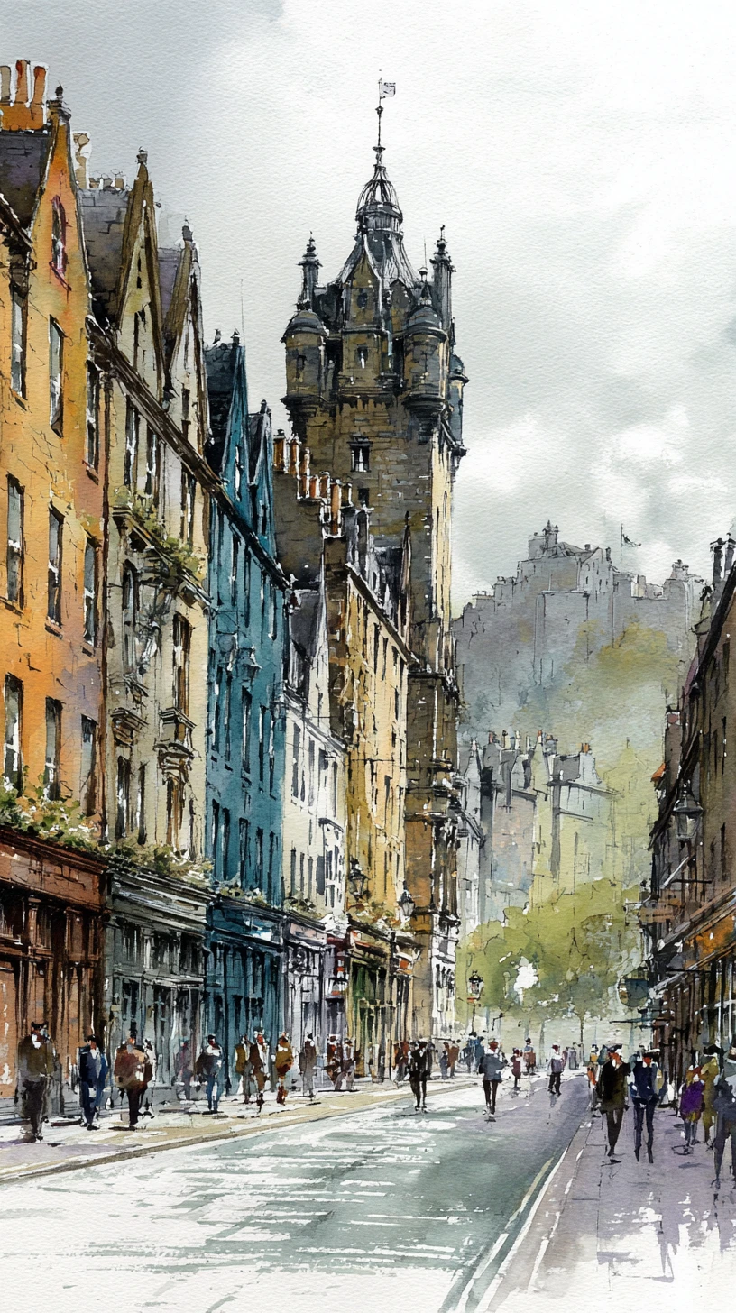 Watercolor view of Edinburgh old town and castle skyline