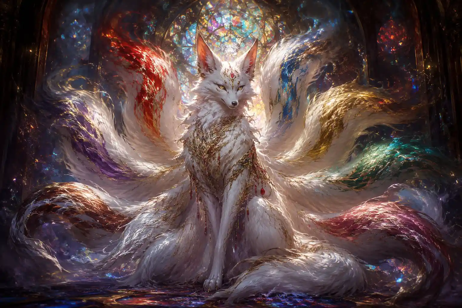 Mystical nine tailed fox spirit in a dim chamber