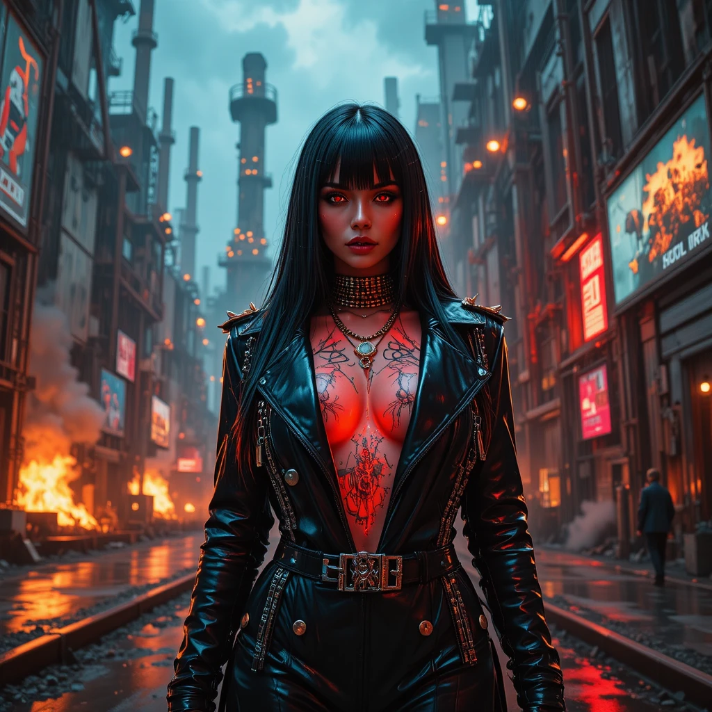 Cyberpunk femme fatale in rain soaked industrial refinery