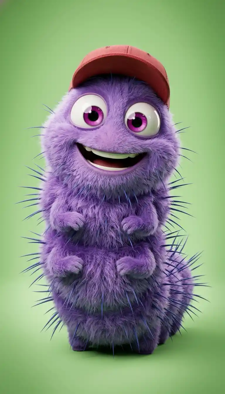 Goofy purple caterpillar character in close up studio view