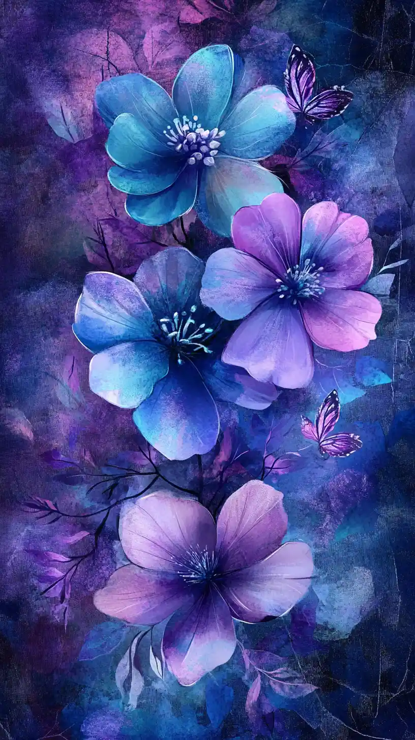 Purple and blue flowers with butterfly on cracked paper