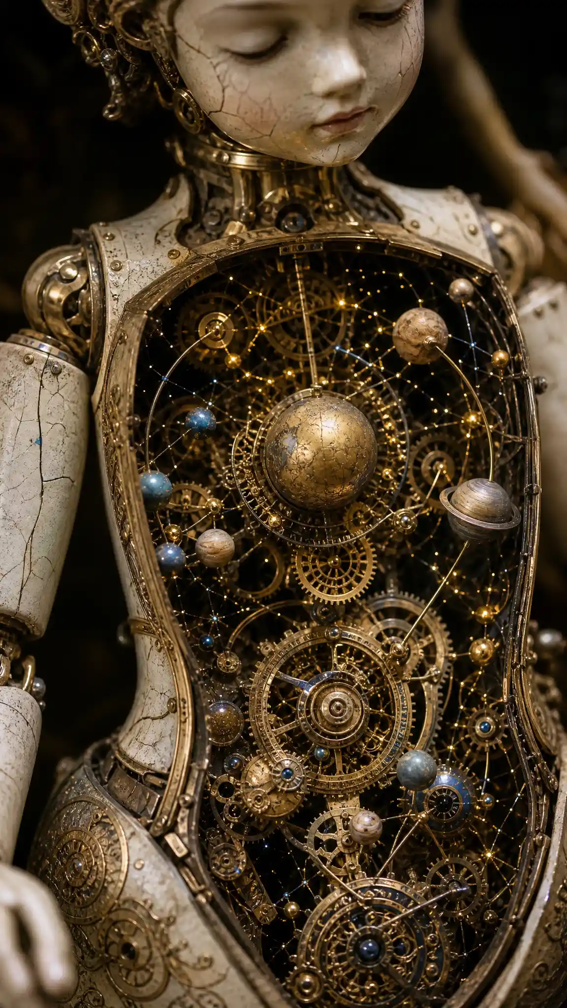 Antique mechanical doll interior filled with gears and stars