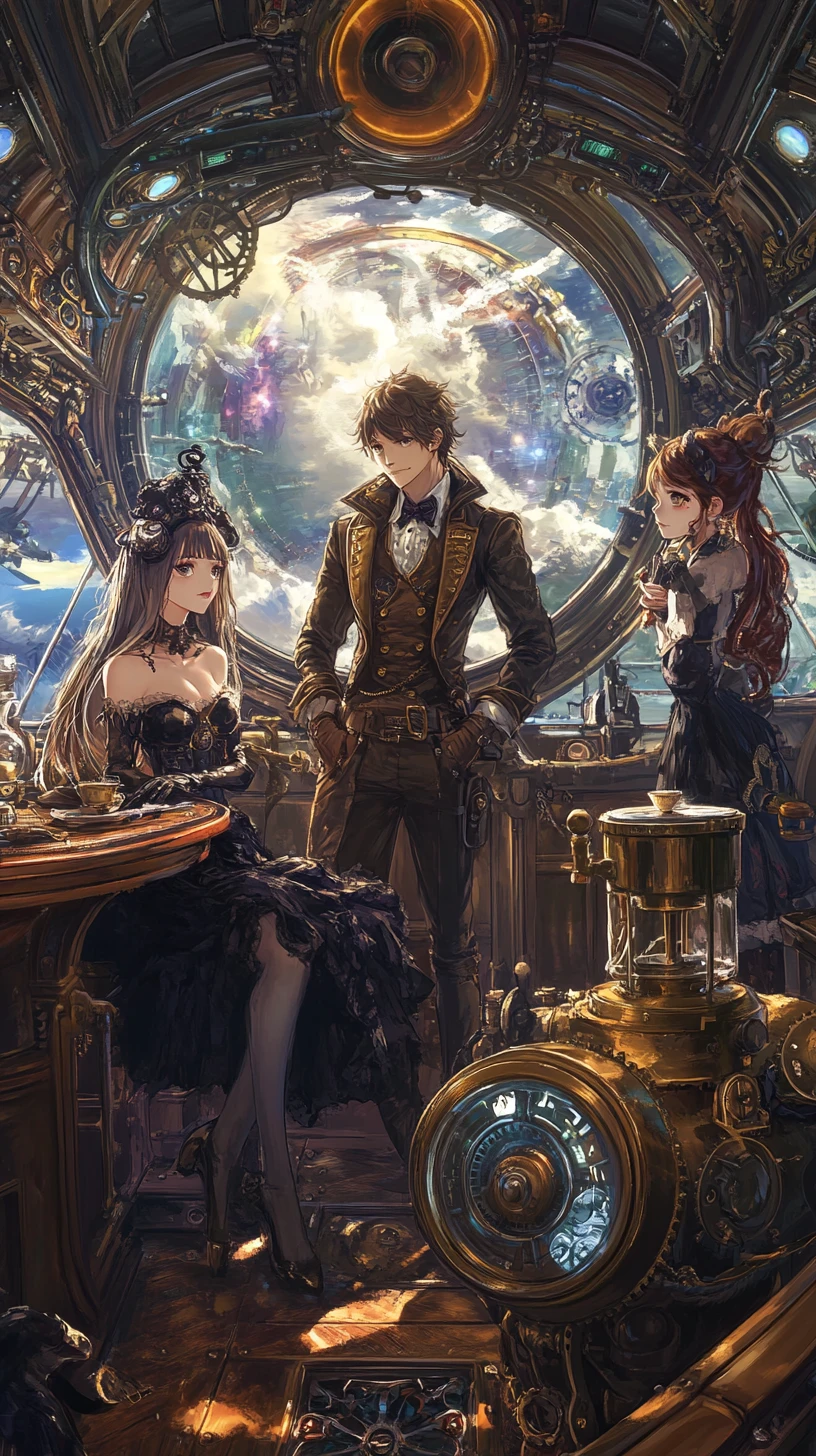 Steampunk airship bridge with captain and crew in anime style