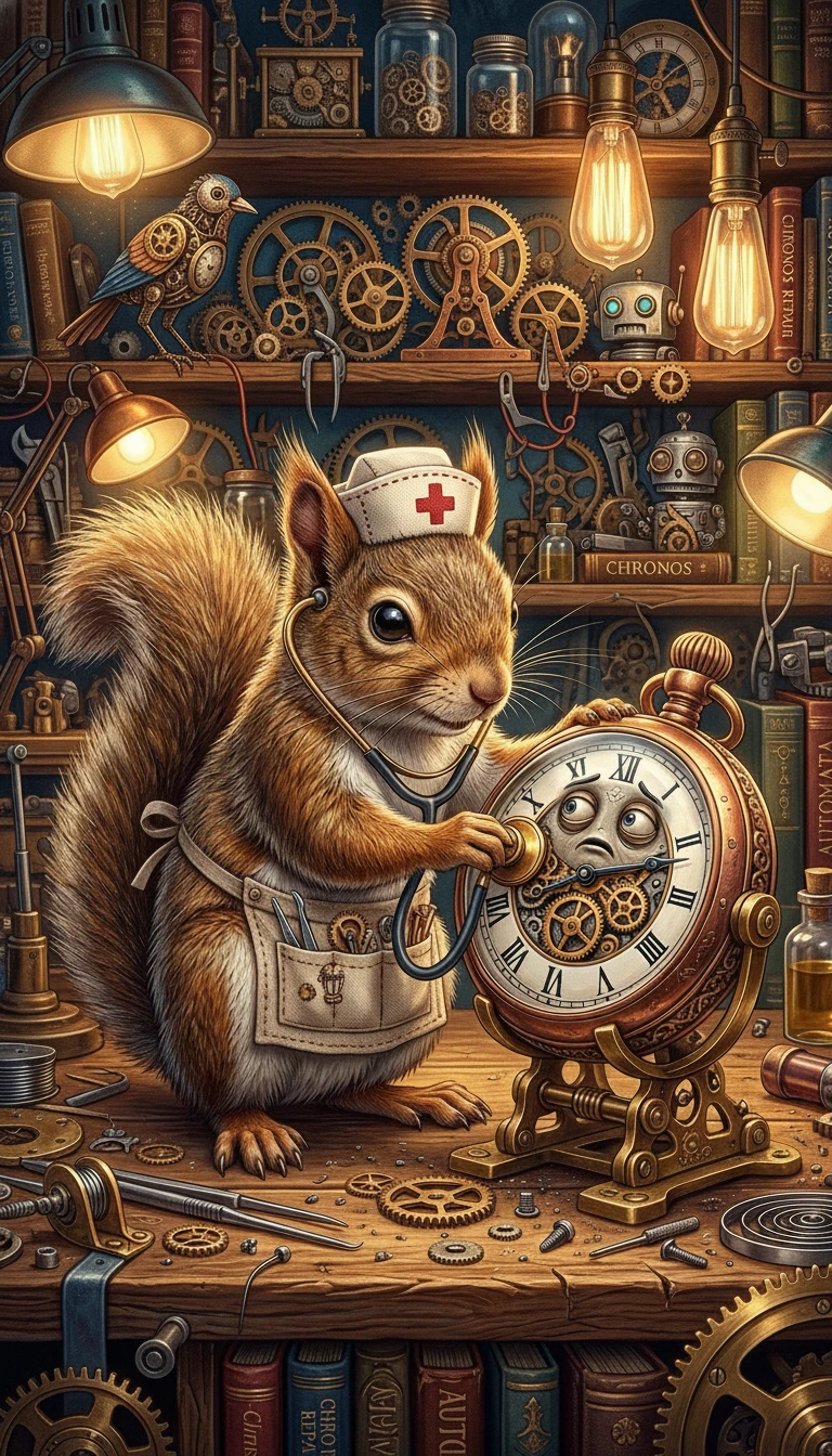 Whimsical Squirrel Nurse Tending A Sentient Pocket Watch