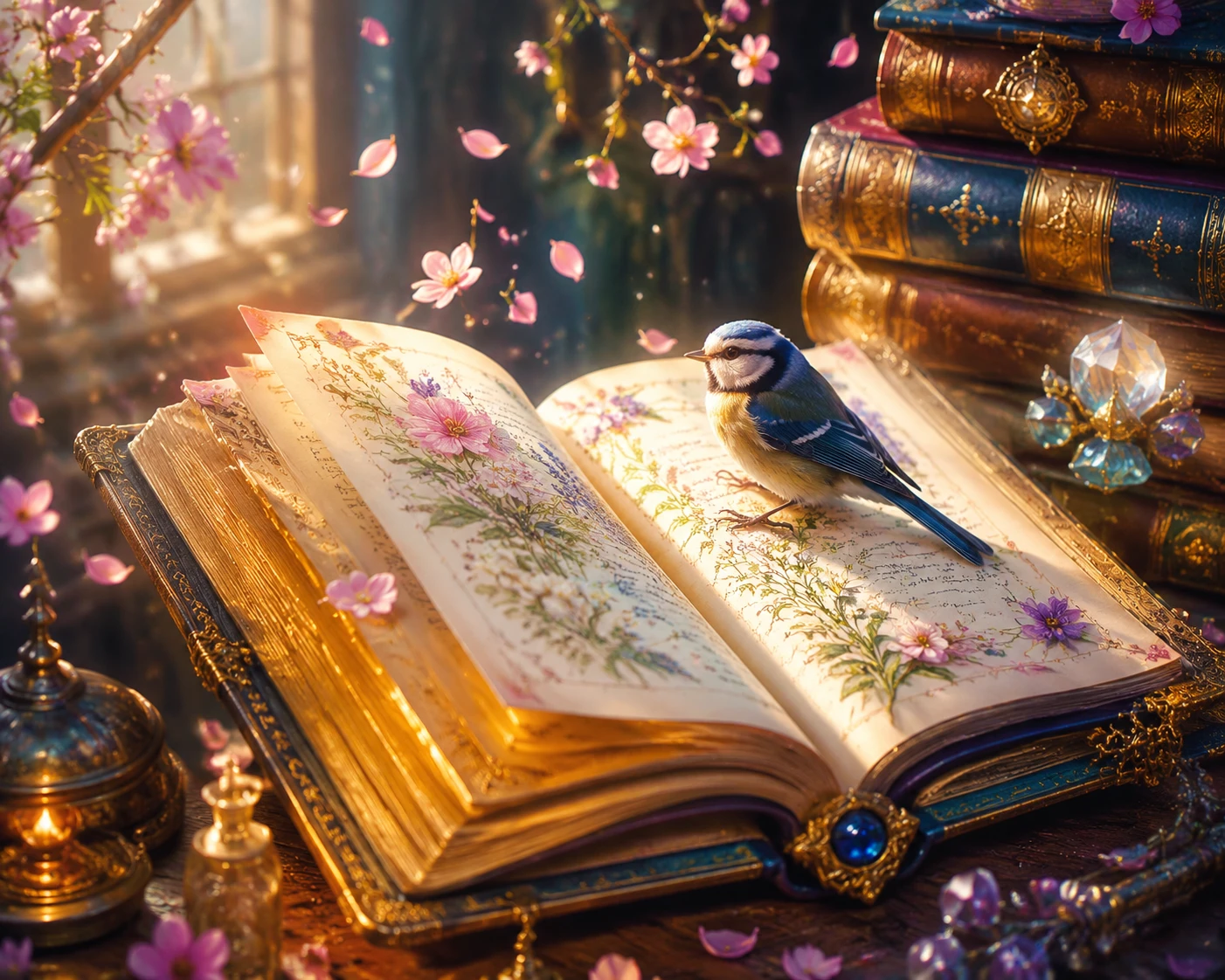 Libro de hechizos botánico brillante con ave cantora en acogedora biblioteca