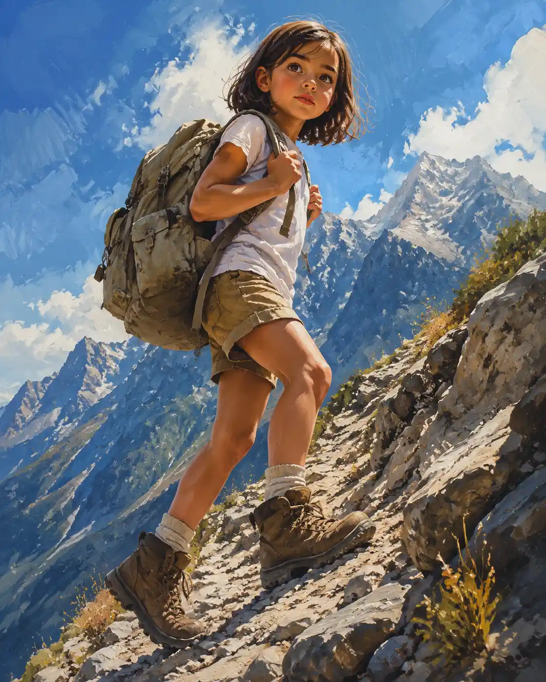 Young girl hiking up a sunny mountain trail