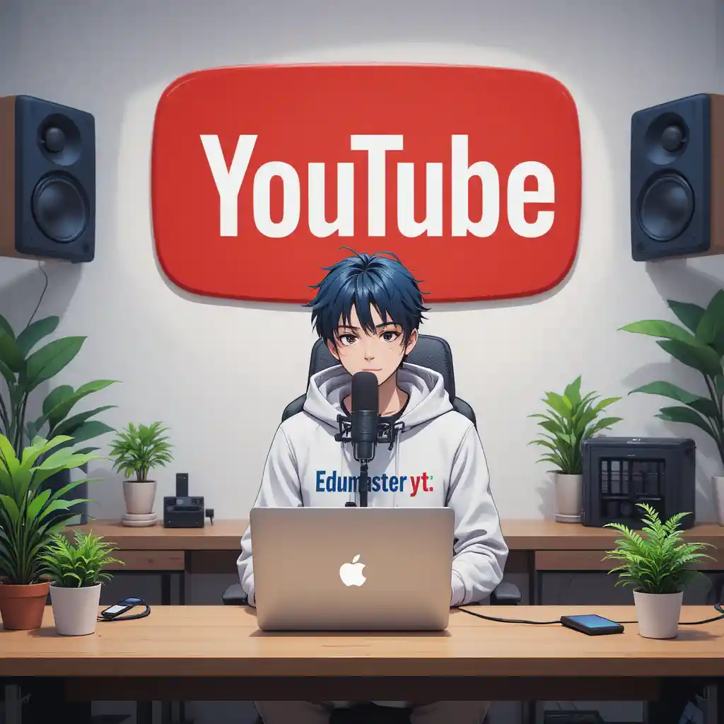 Anime boy recording at computer desk with microphone