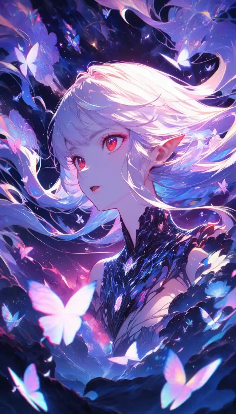 Ethereal anime woman with white hair in fantasy close up