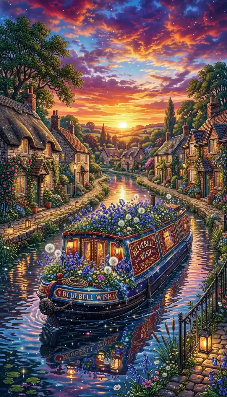 Traumhaftes Kanalboot mit Blumen bei farbenprächtigem Sonnenuntergang