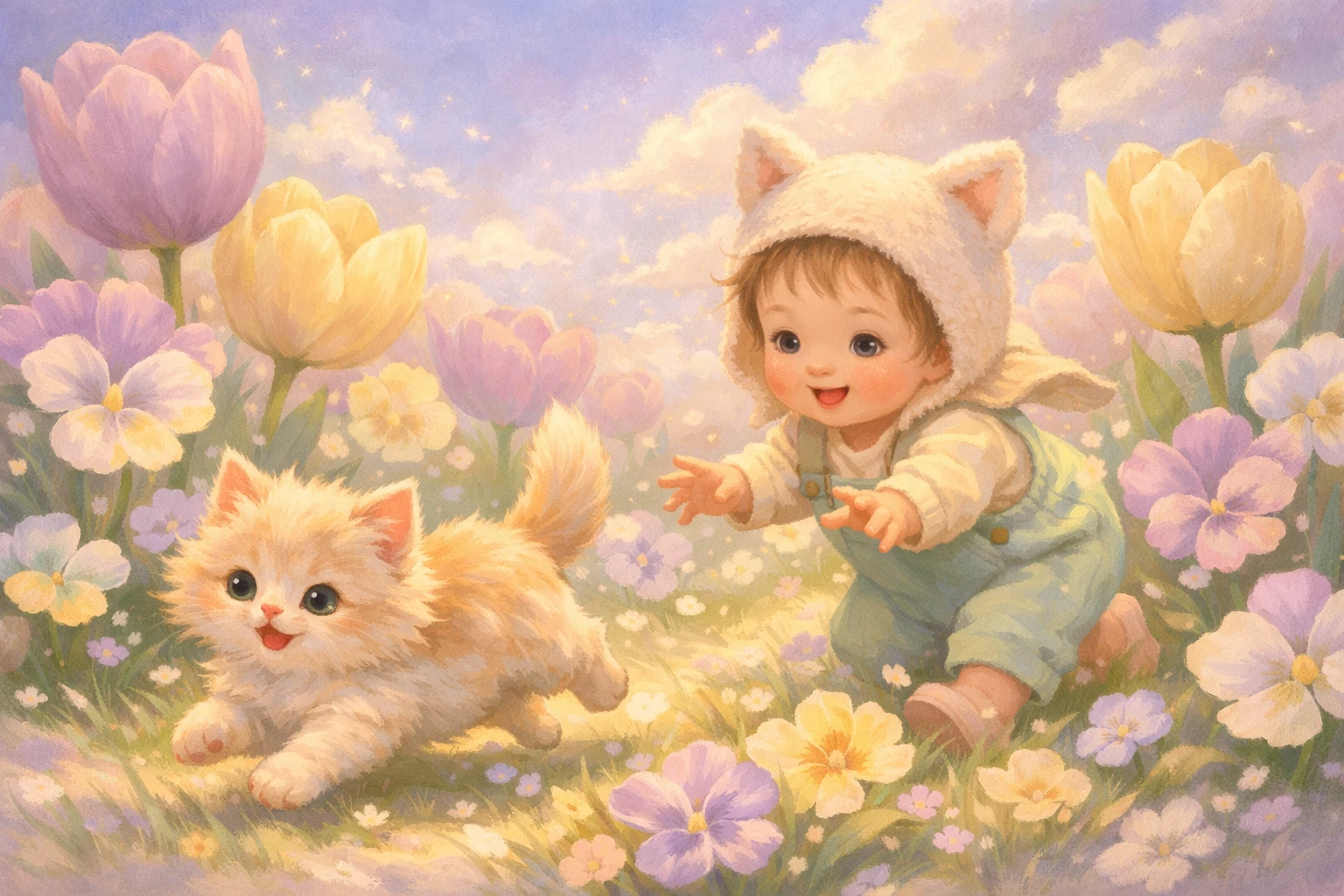 Toddler Chasing Kitten In Pastel Flower Field Illustration