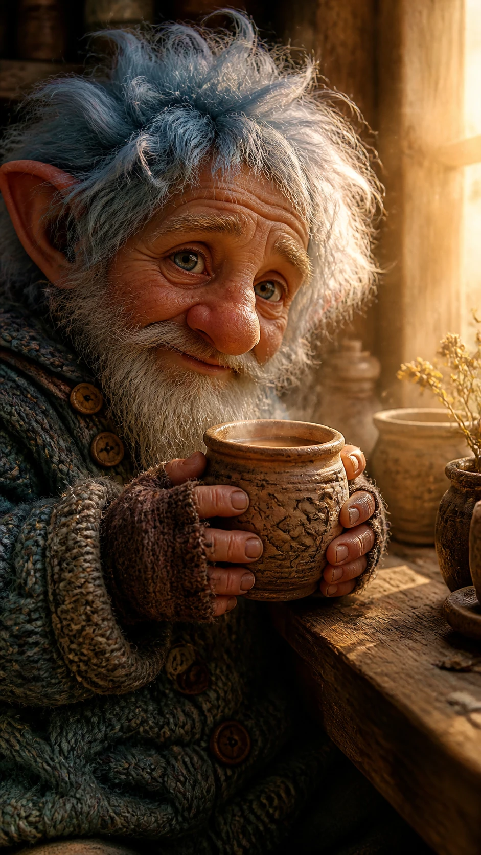 Cozy gnome holding a steaming clay mug by the window