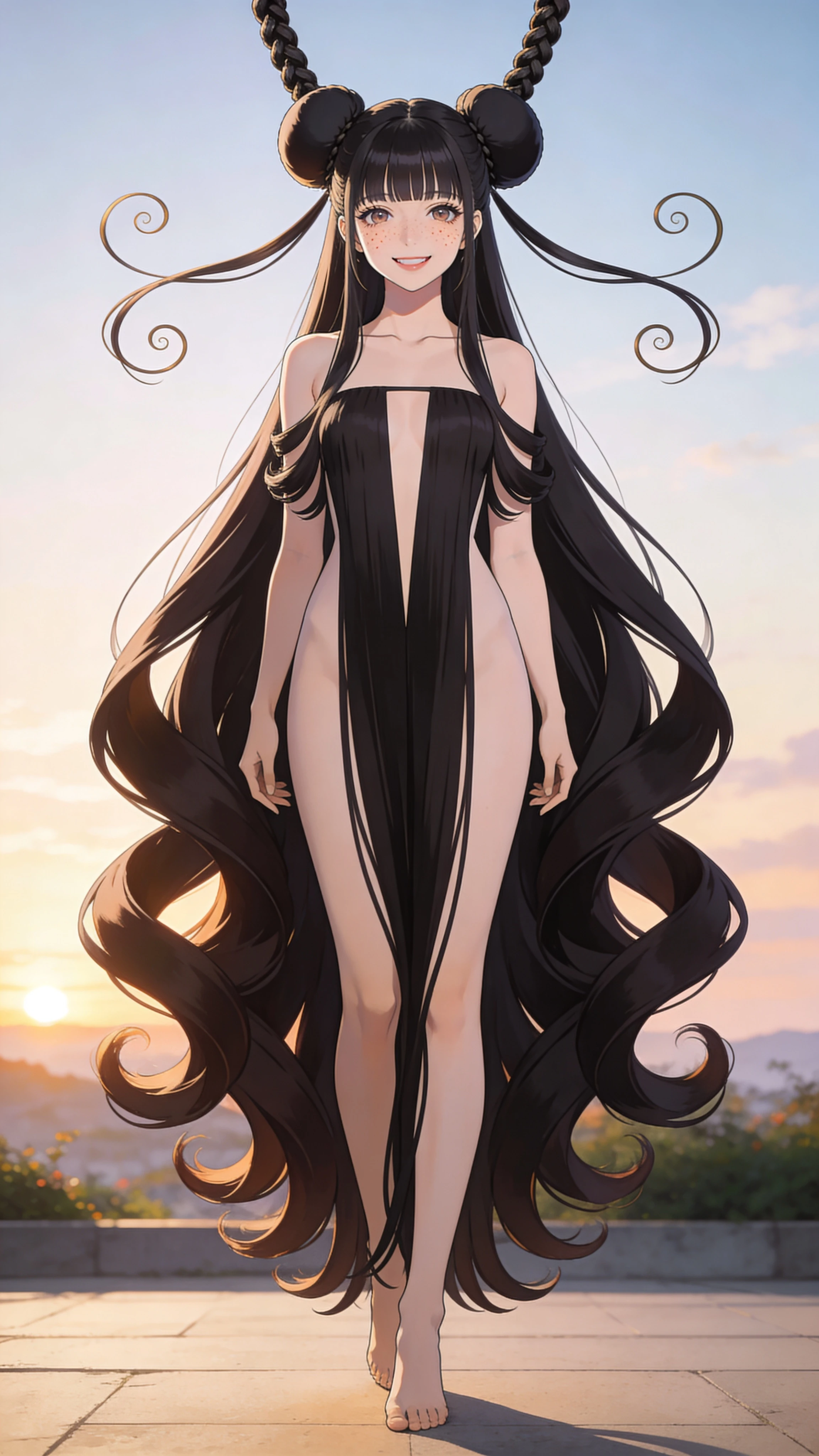 Anime girl standing outdoors under a soft sunrise sky