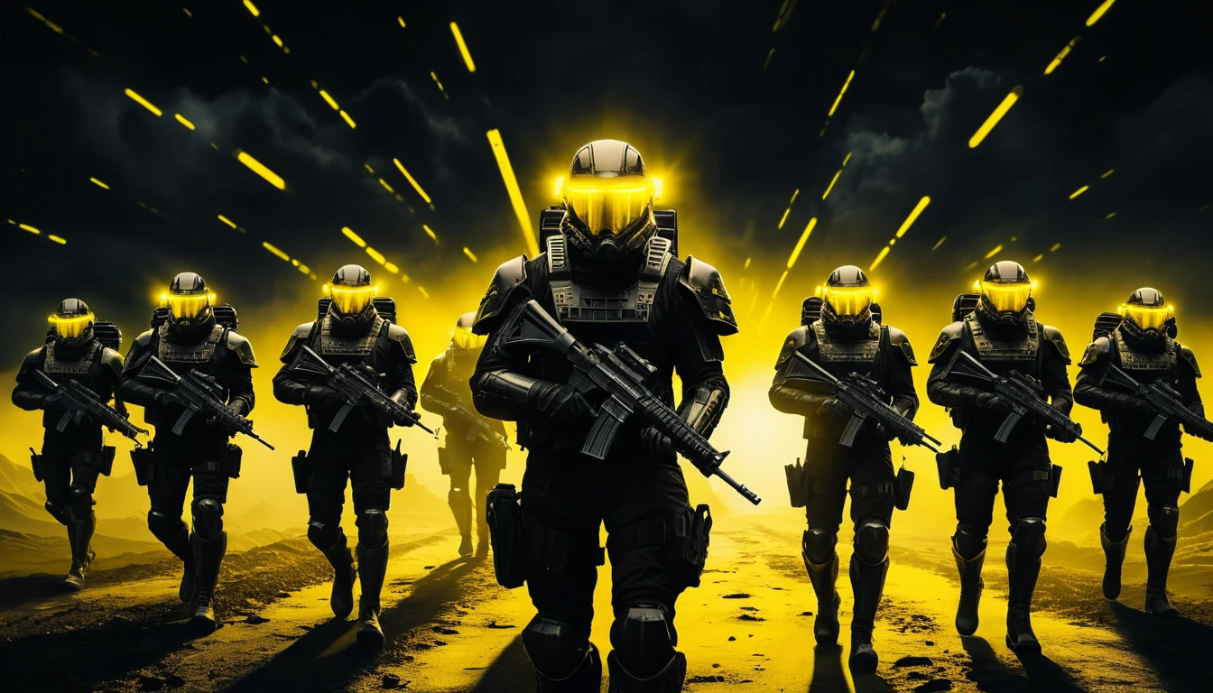 Futuristic army of armored soldiers marching at night