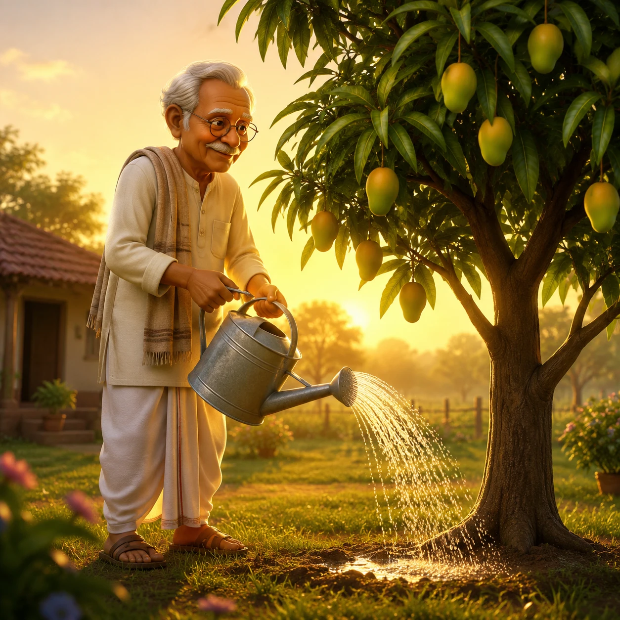 Grandfather Watering A Mango Tree At Peaceful Sunrise