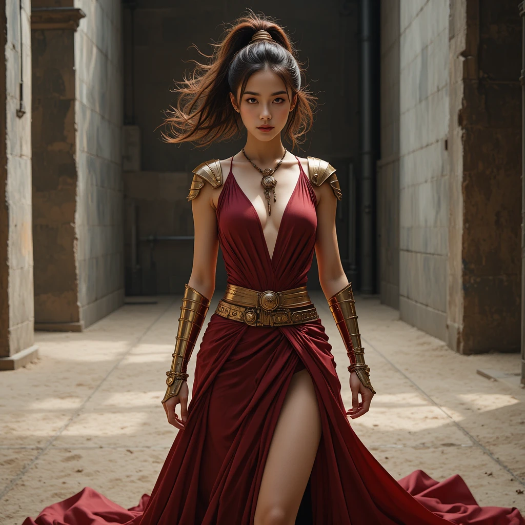 工業風攝影棚中的紅色女角鬥士禮服韓國女子