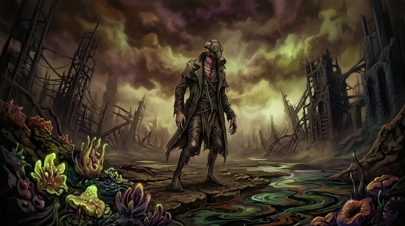 Surreal humanoid in gas mask in toxic dystopian landscape