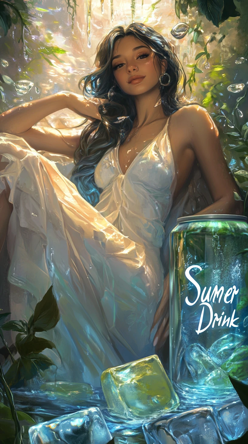 Serene tanned woman on energy drink can in forest