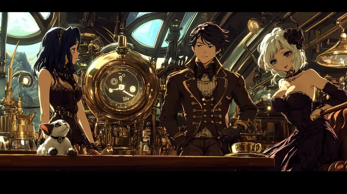 Steampunk airship bridge with anime characters and automaton