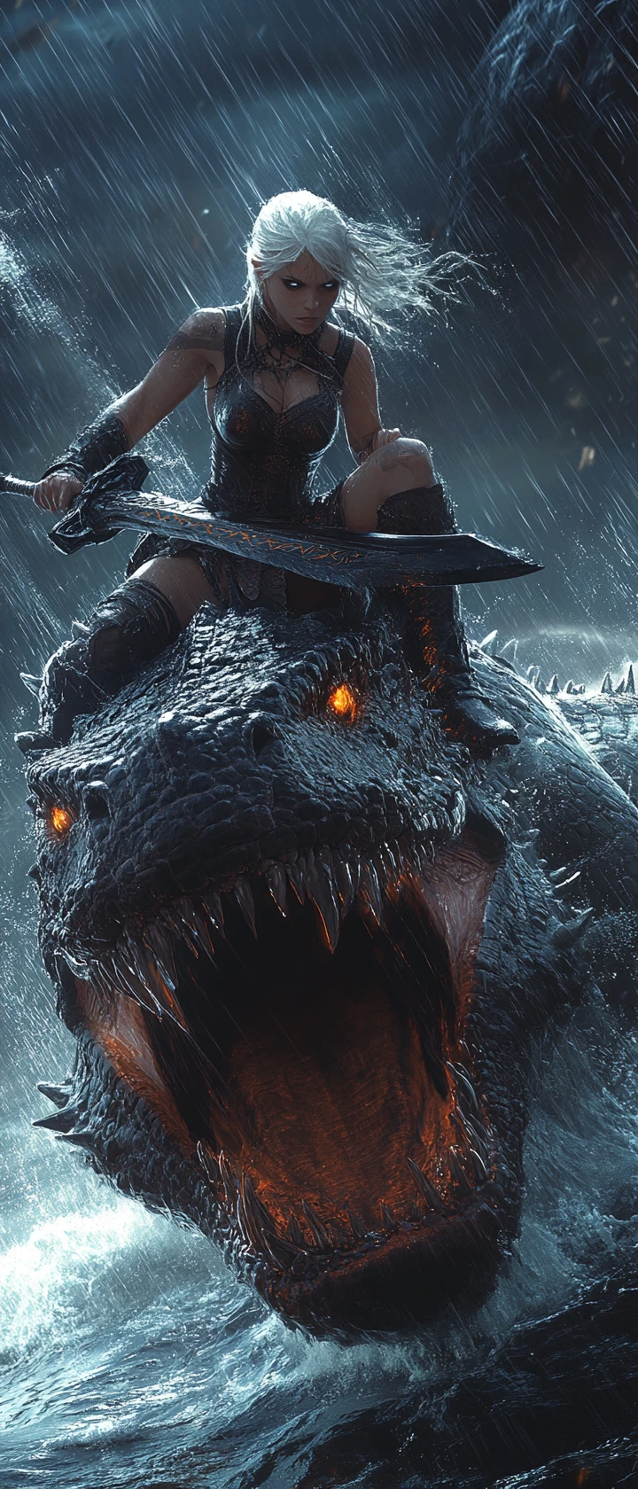 White haired warrior on sea dragon in stormy moonlight