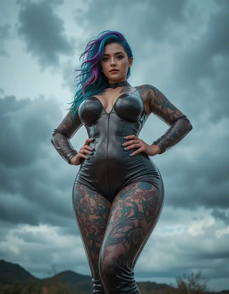Curvy tattooed woman in latex dress under stormy sky