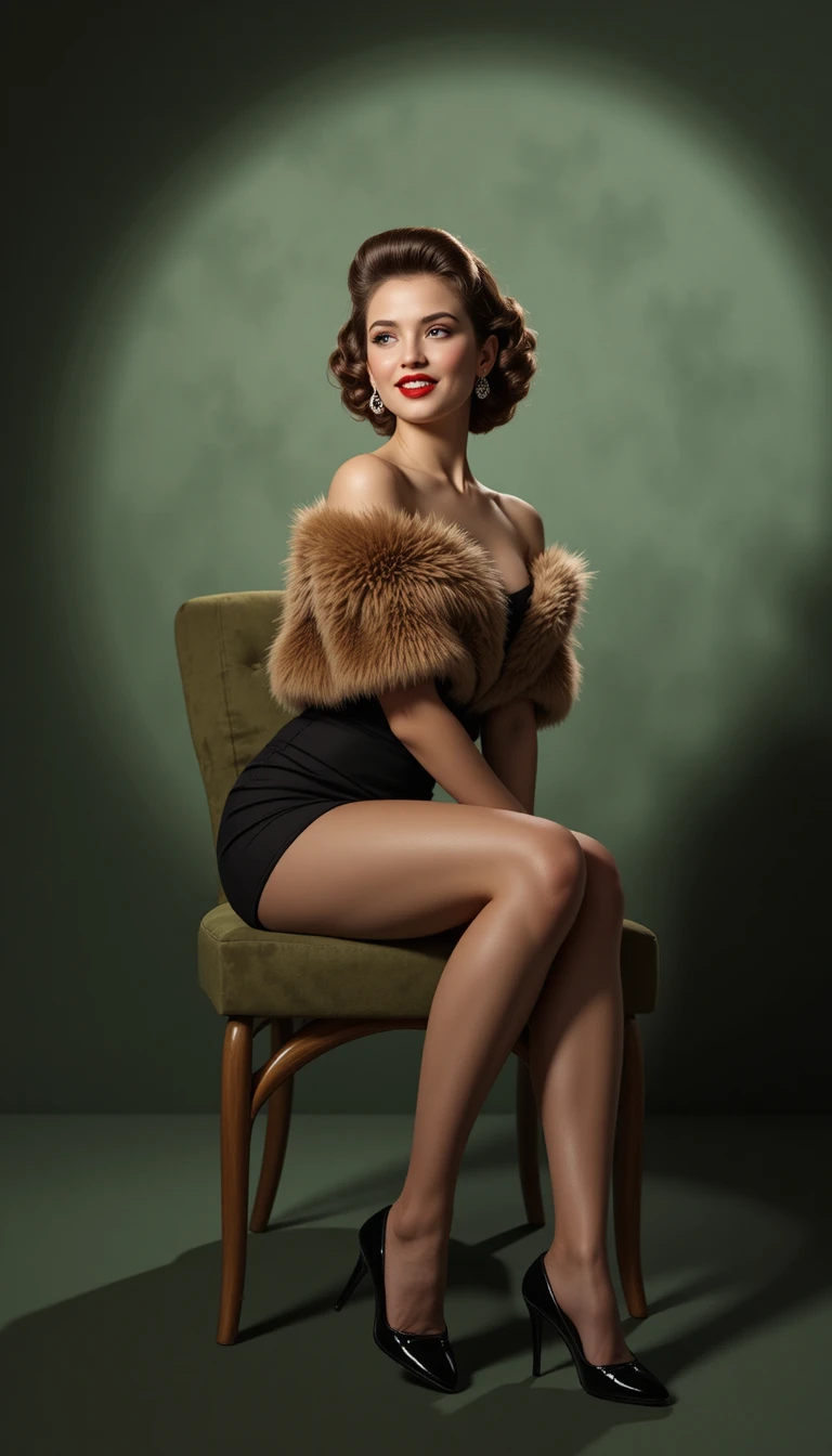 Vintage pin up woman on green velvet chair