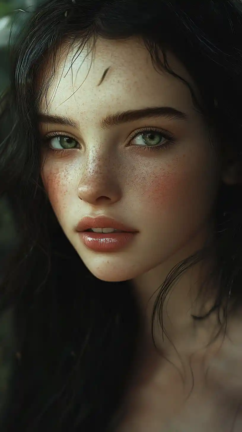 Mystical green eyed girl in a dark forest portrait