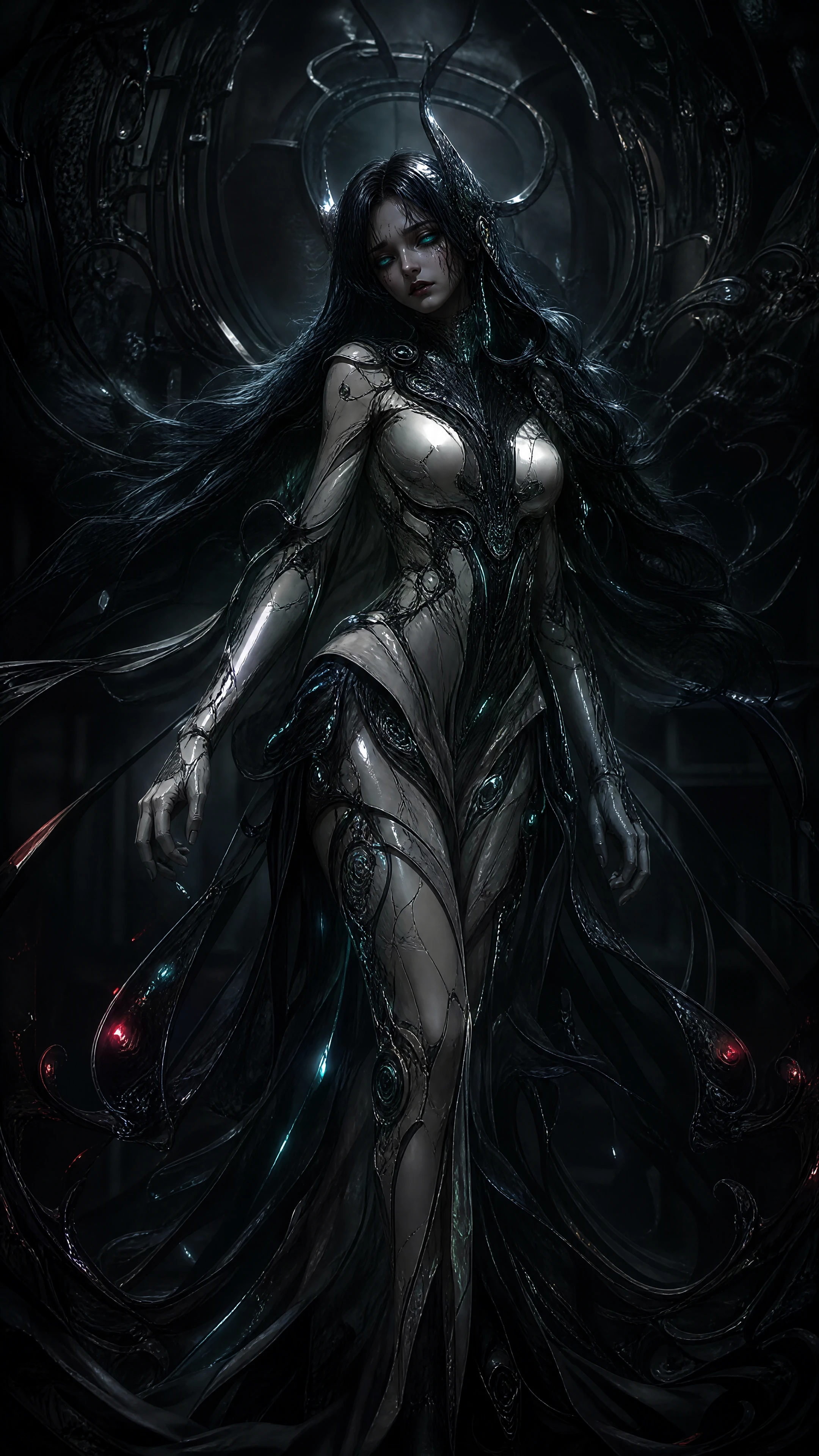 Sad cyber armored beauty with glowing unearthly eyes