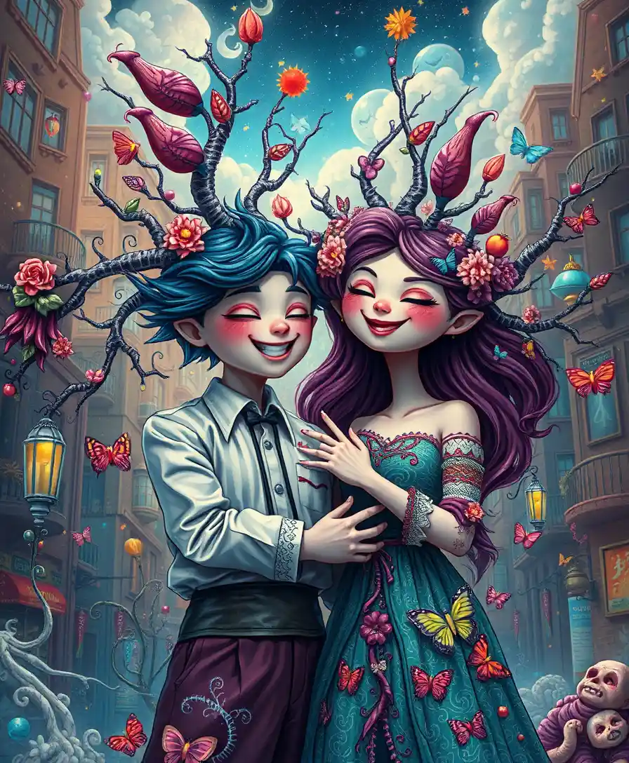 Joyful fantastical lovers in a surreal fantasy cityscape