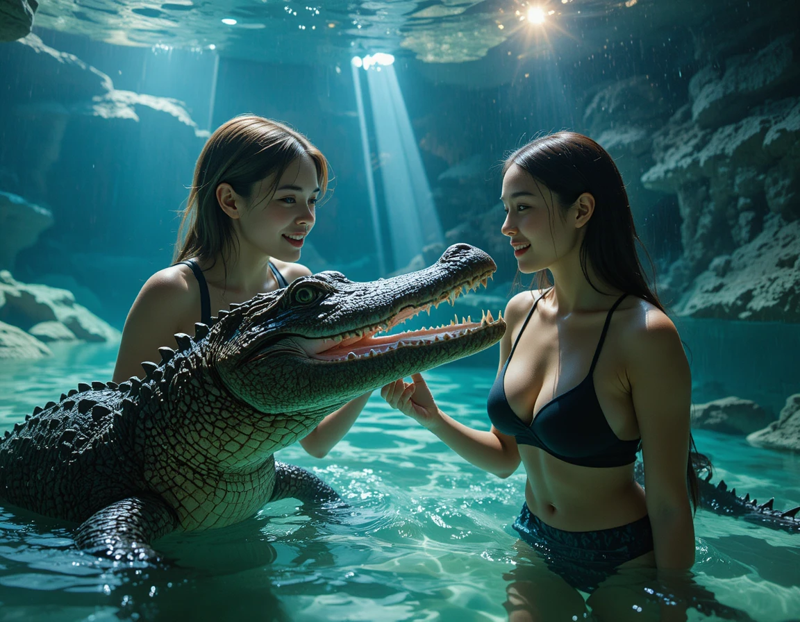 Two women swimming by crocodile behind aquarium glass