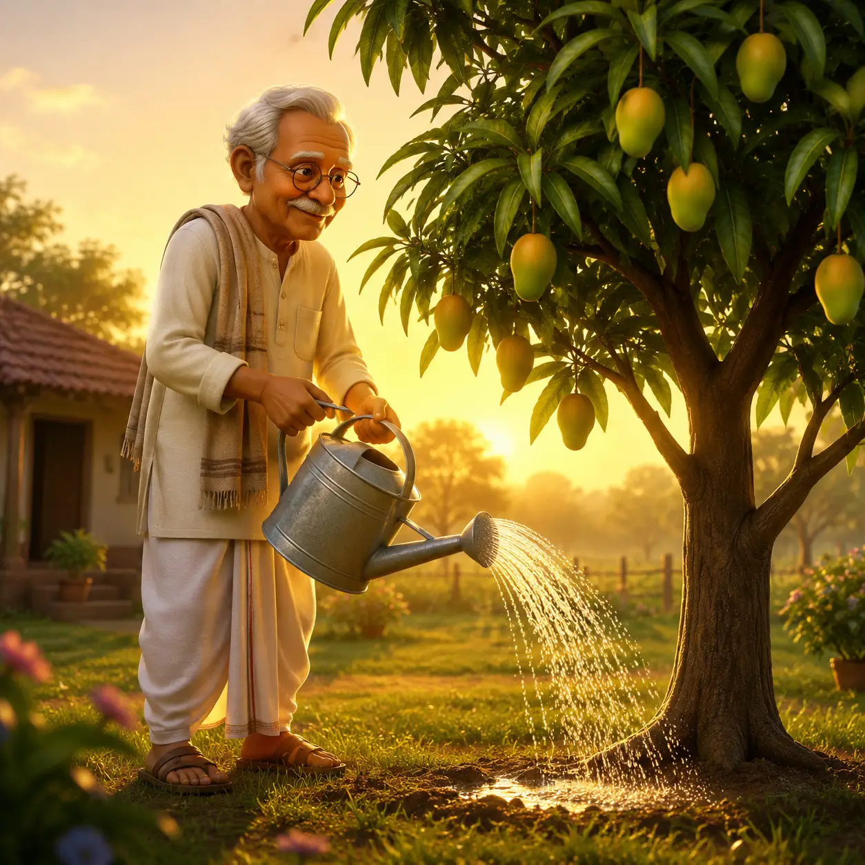Grandfather Watering A Mango Tree At Peaceful Sunrise