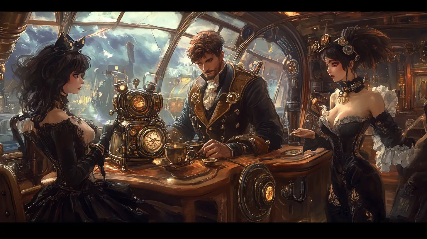 Steampunk airship bridge with anime captain and crew