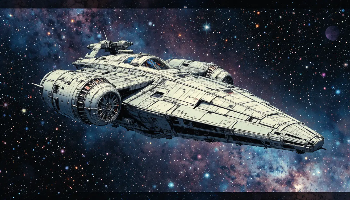 Sleek sci fi starship against a vast starry galaxy
