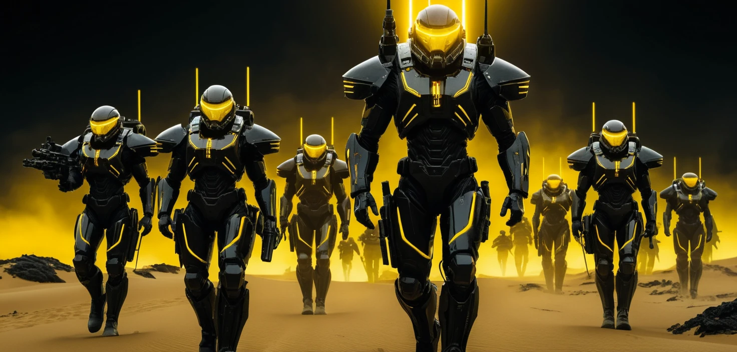 Futuristic army of armored super soldiers on desert march