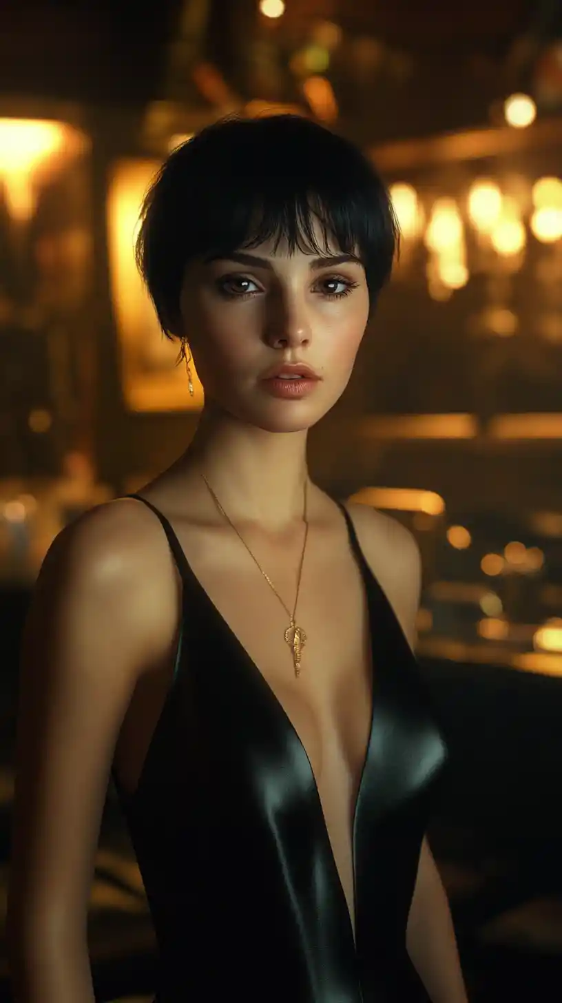 Elegant woman in black silk dress at luxury lounge