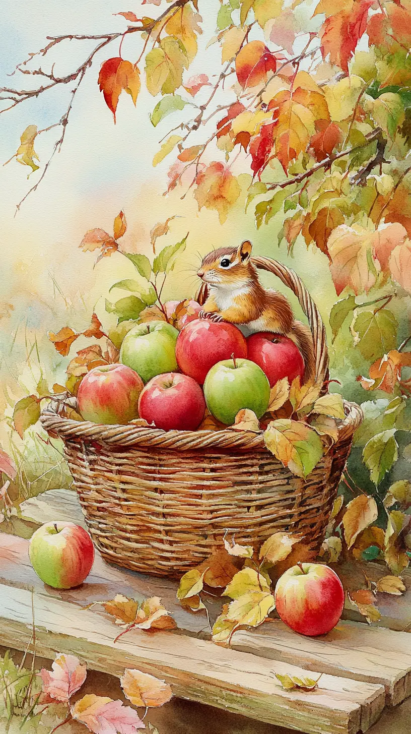 Chipmunk on apples in a wicker basket on meadow table