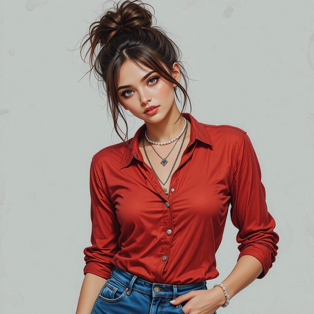 Stylish young woman in red shirt and messy bun portrait
