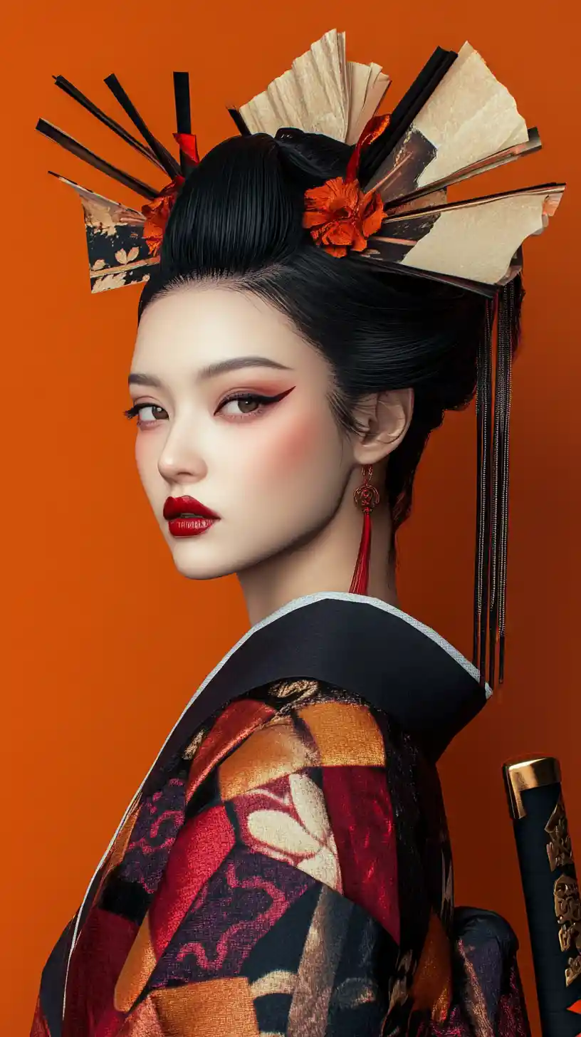 Fierce geisha warrior portrait in bold abstract colors
