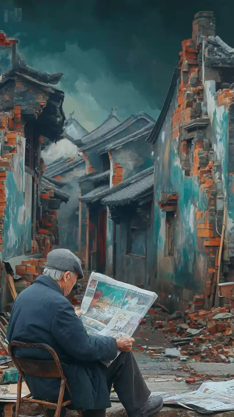 Old man reading a newspaper in bombed urban ruins