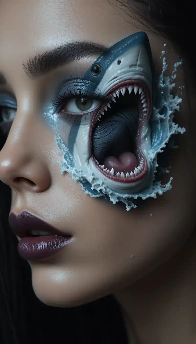 Dramatic shark eye makeup bursting from stormy ocean waves